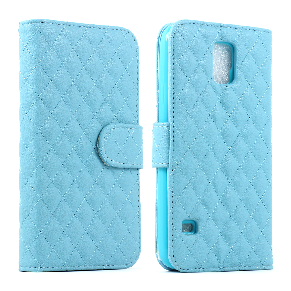 Samsung Galaxy S5 Quilted Flip Leather Wallet Case w Stand (Blue)